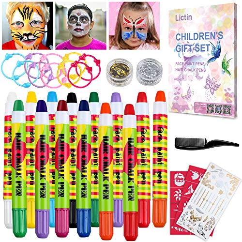 Lictin Pintura de Cara para Niños-Pintura Facial de 8 Colores, 6 Tintes para Cabello, 2 Purpurinas, 1 Pegatinas de Tatuaje, 2 Plantillas, 3 Tocado de Mariposa y Otro, Perfecto para Navidad y Halloween