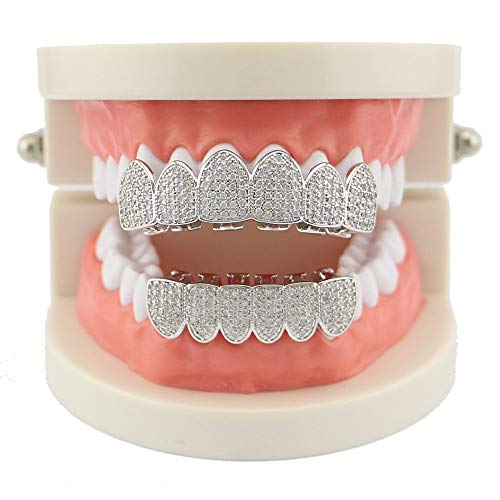 LIE Unisex Hip Hop Dientes Parrillas Parrilla Superior e Inferior Dientes de Oro Juego de Parrillas Joyería de Metal para Holleween Regalo (Color : La Plata)