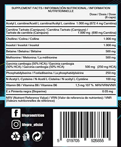 Life Pro Lipopro Suplemento Quemagrasas 90 Cápsulas | Pastillas Quemagrasas Efectivas con L-carnitina y N-acetil Cisteína, Lipotrópico Efectivo, Acelera el Metabolismo