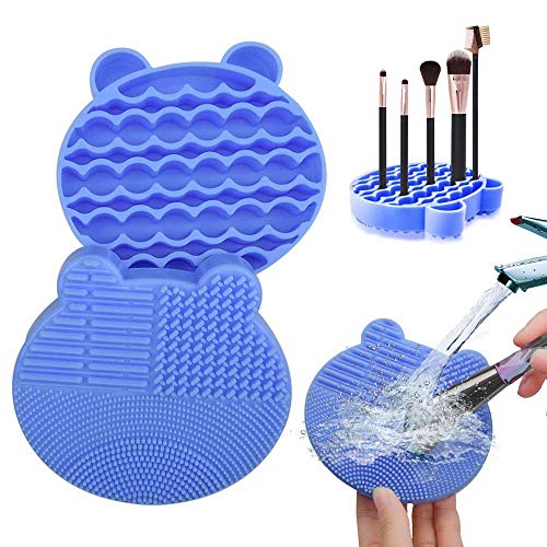 Limpiador de brochas de maquillaje de silicona, 2 en 1, bandeja de secador, bandeja de secado, soporte portátil, cepillo de viaje, cepillo de cosméticos, herramienta de limpieza (azul)