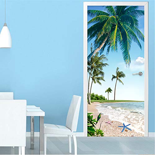 LLWYH Etiqueta De Puerta Autoadhesivo 3D Playa Coco Palma Paisaje Restaurante Baño Pared Impermeable Papel Pintado Arte Decoración