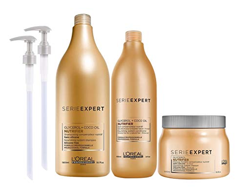 L'Oréal Expert Nutrifier Pack Champu 1500ml + Acondicionador 1000ml + Mascarilla 500ml Con 2 Dispensadores