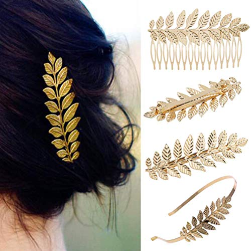 Lurrose 4 piezas accesorios para el cabello de hoja dorada diadema hoja metal peine lateral pinza pelo cocodrilo pinza para el cabello joyería cabello nupcial tocado hoja para niñas mujer