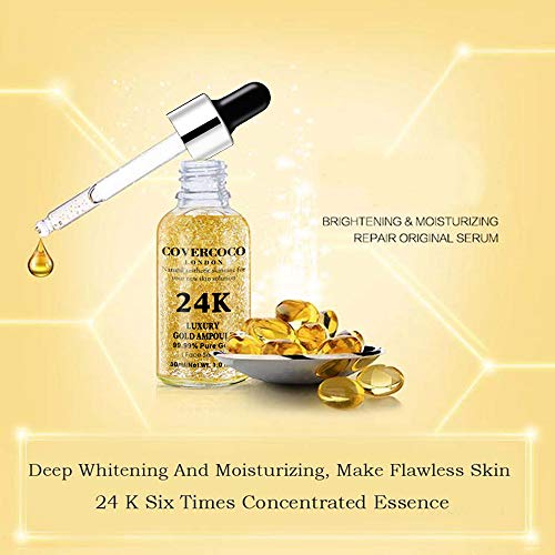 Luxury 24k Gold Ampoule Serum, 24k Gold Serum Facial, Hidratante Facial Aclarar Color de Piel Antiarrugas Aligerar Líneas Finas Suero Natural Y Orgánico Antiarrugas Para Toda la Pie (2 x 30ml)