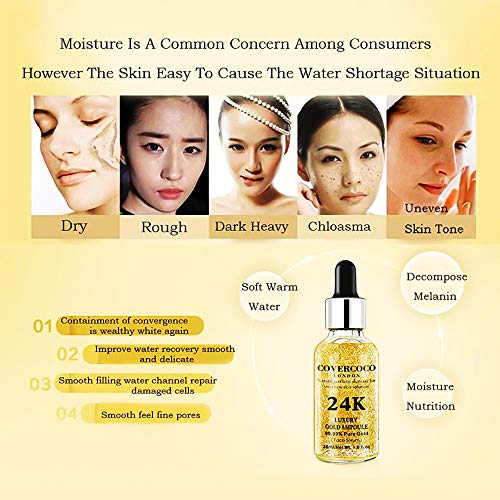 Luxury 24k Gold Ampoule Serum, 24k Gold Serum Facial, Hidratante Facial Aclarar Color de Piel Antiarrugas Aligerar Líneas Finas Suero Natural Y Orgánico Antiarrugas Para Toda la Pie (2 x 30ml)