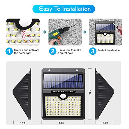 Luz Solar Exterior, Pxwaxpy [97LED 4 Packs] Foco Solar Exterior con Sensor de Movimiento Gran Ángulo 270º, Lámpara Solar Impermeable con 3 modos inteligentes para jardín,Terrazas, Escaleras