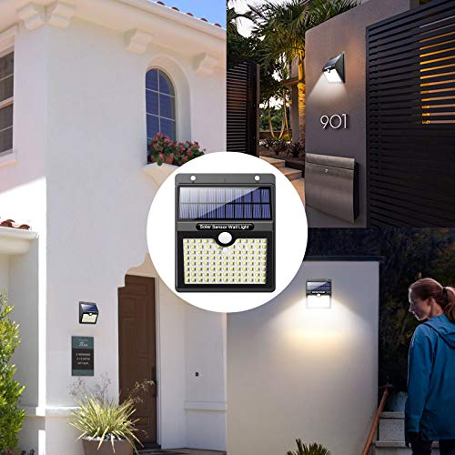 Luz Solar Exterior, Pxwaxpy [97LED 4 Packs] Foco Solar Exterior con Sensor de Movimiento Gran Ángulo 270º, Lámpara Solar Impermeable con 3 modos inteligentes para jardín,Terrazas, Escaleras