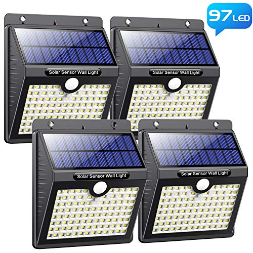 Luz Solar Exterior, Pxwaxpy [97LED 4 Packs] Foco Solar Exterior con Sensor de Movimiento Gran Ángulo 270º, Lámpara Solar Impermeable con 3 modos inteligentes para jardín,Terrazas, Escaleras