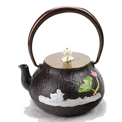 M-CH Tetera Tetera de Hierro Fundido de Estilo japonés Tetera de Olla de Hierro de Mano Pura Lotus Pond y Mandarin Duck 1.0L