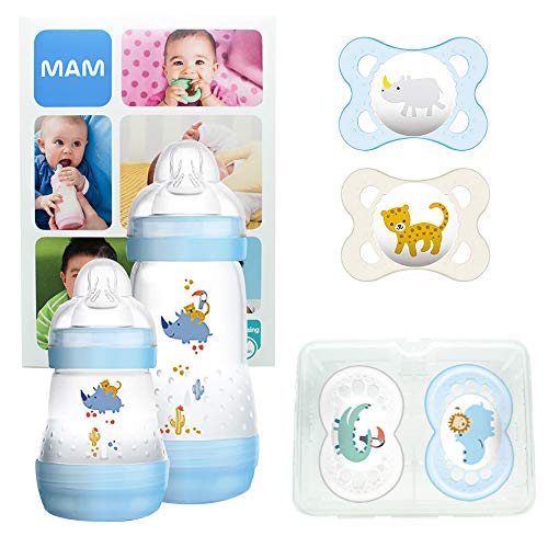 MAM First Steps Set, regalos para bebé (+0), canastilla con 2 biberones anticólicos Easy Start (160/260 ml) y 4 chupetes Original de silicona (2 x 0-2/2 x +6 meses), NIÑO (Azul)