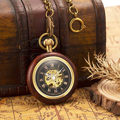 ManChDa® Abierto de la Cara Romano Cobre Madera Reloj de Bolsillo mecánico Steampunk Esqueleto Negro para los Hombres Mujeres con Cadena + Caja Regalo (1. madera)