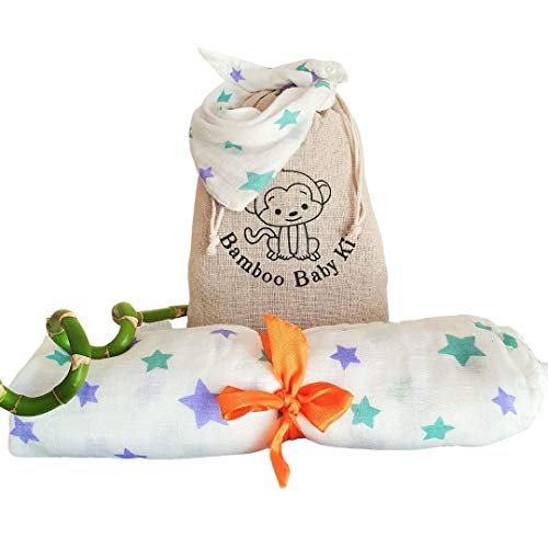 Manta de Muselina 120x120cm + Babero Bandana + Bolsa de Pañales Regalo. Kit Bebé 100% Algodón de Bambú Madres Recientes Lista de Nacimiento Swaddle Sábana Antibacteriano Transpirable