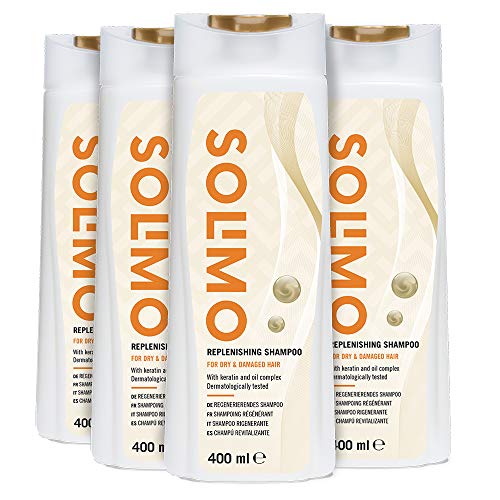 Marca Amazon - Solimo Champú revitalizante para cabello dañado y seco, con queratina y complejo de aceite - Paquete de 4 (4 Botellas x 400ml)