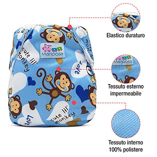 MARIPOSA | Bañador Pañal Bebé - Reutilizable Lavable y Ajustable - Pañales de Natación para Piscina y Mar para Niño de 0 a 2 Años - 2 pañales con funda impermeable (animales y mono)