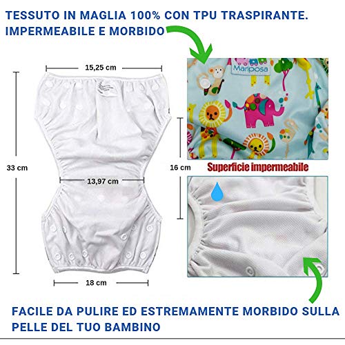 MARIPOSA | Bañador Pañal Bebé - Reutilizable Lavable y Ajustable - Pañales de Natación para Piscina y Mar para Niño de 0 a 2 Años - 2 pañales con funda impermeable (animales y mono)