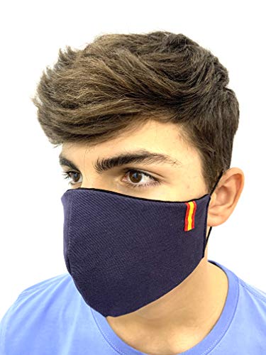 Mascarilla reutilizable Adultos Talla L,Unisex,color Azul con la Bandera de España, protección de filtración muy alta, fabricada en España.