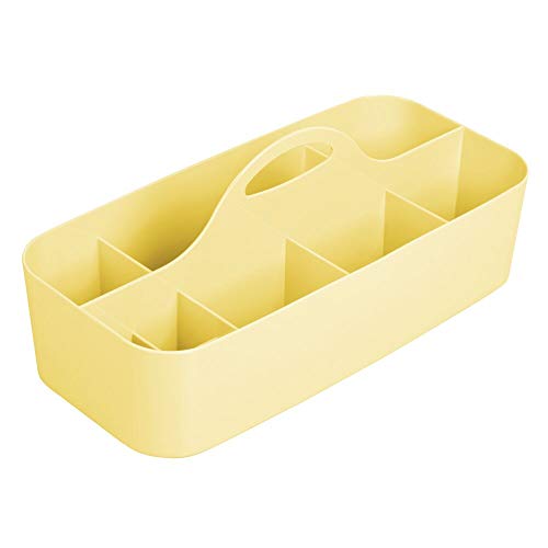 mDesign Cesta de Ducha con 11 Compartimentos – Caja con asa portátil en plástico para Productos de Belleza – Organizador para baño Grande para brochas de Maquillaje, pintaúñas y más – Amarillo Claro