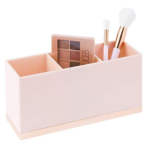 mDesign Gran Organizador de Maquillaje con 3 Compartimentos – Práctica Caja clasificadora para cosméticos – Caja de Maquillaje de plástico con Forma Cuadrada – Rosa/Dorado Rosado