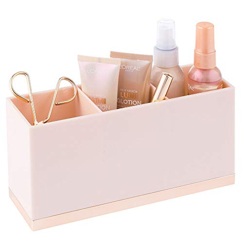 mDesign Gran Organizador de Maquillaje con 3 Compartimentos – Práctica Caja clasificadora para cosméticos – Caja de Maquillaje de plástico con Forma Cuadrada – Rosa/Dorado Rosado