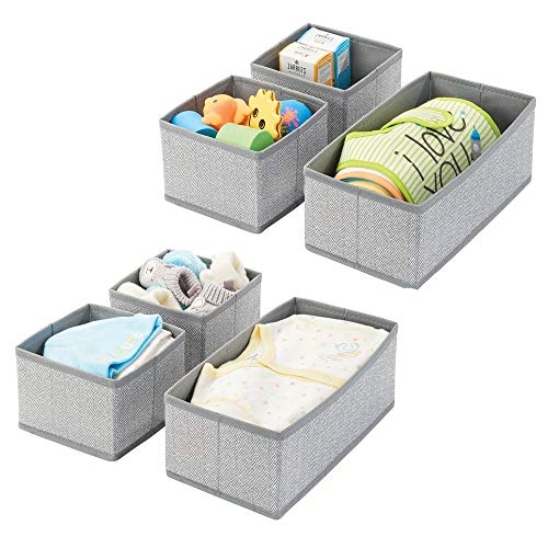 mDesign Juego de 6 cajas organizadoras – Cestas de tela transpirables con diseño de espiga para pañales, baberos, etc. – Versátiles organizadores de cajones para habitación infantil – gris