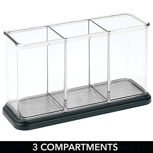 mDesign Práctico organizador de maquillaje – Decorativa caja para guardar cosméticos como esmaltes de uñas o polveras – Expositor de maquillaje con 3 compartimentos – transparente y negro