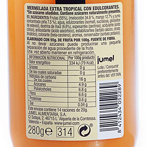 Mermelada sin azúcar Extra Tropical Jumel. Mermelada con Stevia. Mermelada gourmet, tu desayuno o merienda más saludable con todo el sabor. Pack de 4 unidades (1,49 €/u)