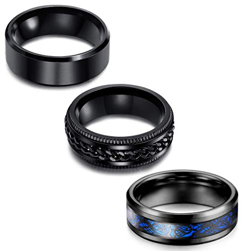 Milacolato 3Pcs Acero Inoxidable Anillos Hombres Anillos Cadena Giratorios Patrón de Dragón Bordes Biselados Anillos Celtas Anillo Boda Anillo Set 8 mm Ancho