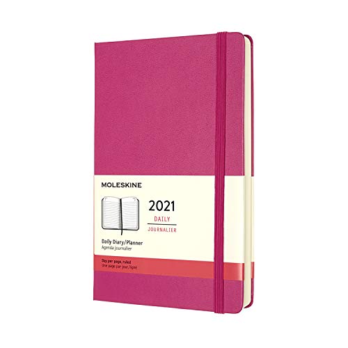 Moleskine - Agenda Diaria 2021 de 12 Meses con Tapa Dura y Cierre Elástico, Tamaño Grande de 13 x 21 cm, Color Rosa Buganvilla, 400 Páginas