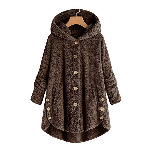 MOMOXI Botón de Mujer Abrigo de Leopardo Fleece Asimétrico Dobladillo con Capucha Suéter Superior Invierno Mujeres Moda Informal más Gruesa Slim sólido Abajo Chaqueta Abrigo