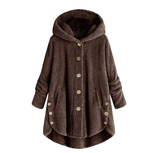 MOMOXI Botón de Mujer Abrigo de Leopardo Fleece Asimétrico Dobladillo con Capucha Suéter Superior Invierno Mujeres Moda Informal más Gruesa Slim sólido Abajo Chaqueta Abrigo