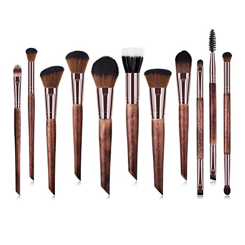 Monbedos Set de pinceles de maquillaje profesional Juego de pala Cepillo de difusión de polvo líquido Cepillo corrector rubor Marrón, tamaño: 22 * 15 * 1.6 cm 11 pieza