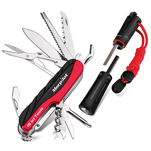 morpilot Navaja Suiza, Navaja Multifuncional 15 en 1, Arrancador de Fuego Pedernal Supervivencia, Cuchillo Plegable Acero Inoxidable, Impermeable Herramienta Multiuso para Actividades Exteriores