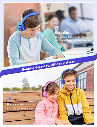 Mpow CHE1 Auriculares para niños, Volumen Limitado en el oído Auriculares para niños con Conector de Audio de 3.5 mm para niñas y niños, Auriculares con Cable Ajustable y Plegable