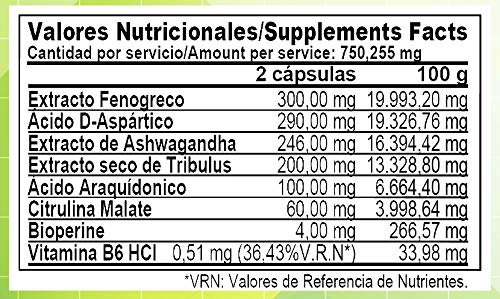 Multi Testosterone | Testosterona Natural| Bioperine® Fenogreco Tribulus D-aspartico Ashwagandha Citrulina| (180)