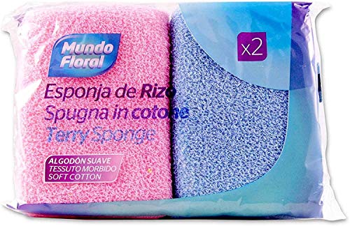 Mundo Floral. Esponjas de baño de rizo de algodón. Muy suaves perfectas para pieles sensibles y de todo tipo. Bandeja con 28 esponjas envasadas en 14 packs de 2 uds