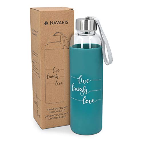 Navaris Botella de Agua de Vidrio Reutilizable - Cantimplora de borosilicato con Funda de Silicona - Botellín de Cristal sin BPA - Live Laugh Love