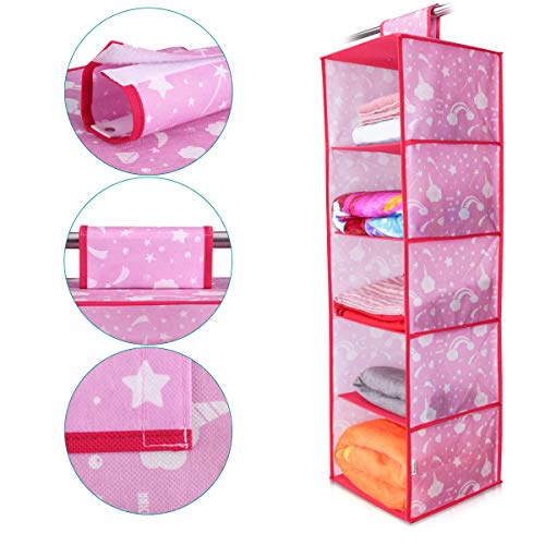 Navaris Organizador de Tela para el Armario - Colgador de Ropa con 5 baldas para la habitación de niños o bebés - 28 x 28 x 95CM - Rosa