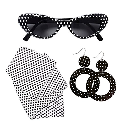 NET TOYS Set Disfraz Rockabilly con Gafas de Sol, Pendientes y pañuelo para el Cuello Traje años 50 60 Outfit Rock and Rock Accesorio Disfraz sesentero Complemento Ropa Mujer