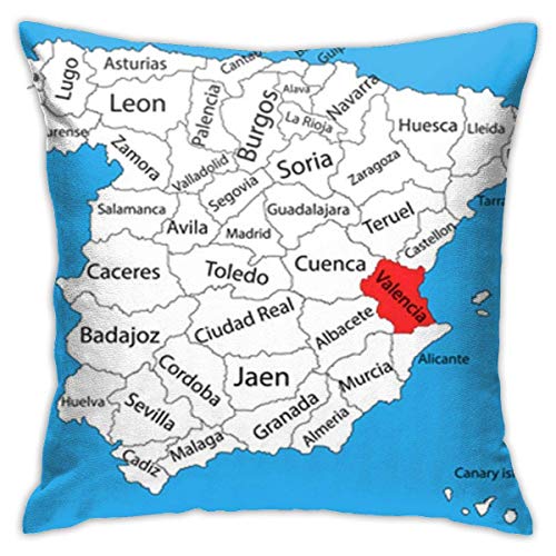 NHJYU Fundas de Almohada Decorativa 18x18 Pulgadas, Fundas de Almohada Cuadrada navideña para sofá Dormitorio Coche Valencia Mapa España Provincia Alto detallado de regiones separadas