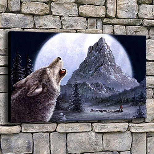 NIMCG Decoración para el hogar de Lienzo Cartel Impreso Llamado Lobo Solitario Pintura fantasía Luna montaña Imagen Sala Arte de la Pared (sin Marco) 40x50 cm