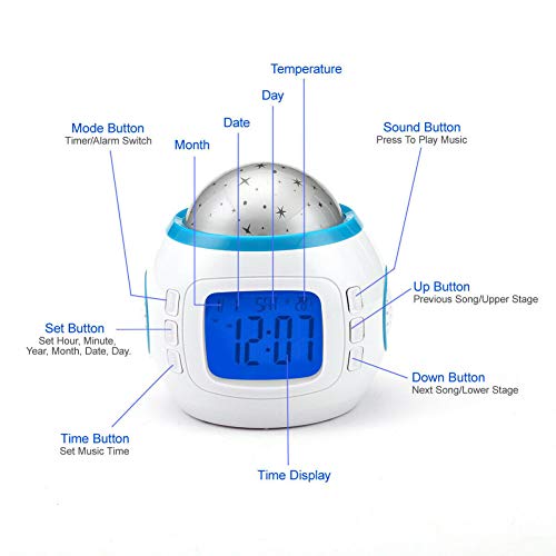 Niños Música LED Star Sky Lámpara de proyección Reloj Despertador Digital Calendario Termómetro