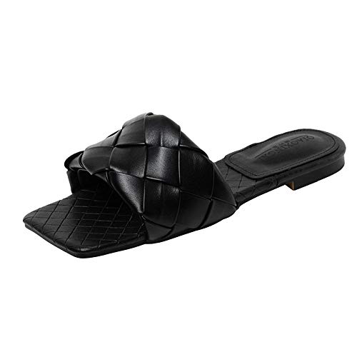 Nwarmsouth Verano Zapatillas de Baño Antideslizantes,Pantuflas Tejidas con Punta Cuadrada, Chanclas para Usar afuera en Verano-Negro_42,Mujeres Zapatos de Piscina Chanclas