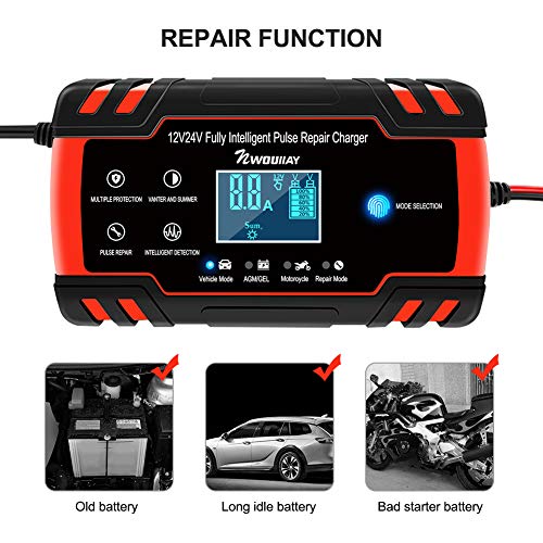 NWOUIIAY Cargador Batería Coche Moto Carga Inteligente 12V/24V 8A con LCD Pantalla Digital para Baterías de AGM Gel SLA Wet Calcio Rojo&Negro