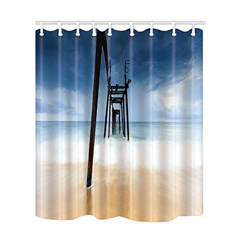 Nyngei Olas Roch Beach Bridge Cortina de baño Tela de poliéster Cortina de Ducha Impermeable 180X180CM Cortinas de Ducha Azul