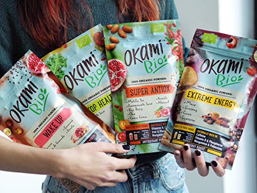 Okami Bio"Extreme Energy" Superfood Powder Mix 200 gr | Mezcla Vegana Orgánica de Maca, Cacao, Guaraná y Jengibre | Te da el mismo impulso que una bebida energética, pero 100% natural.