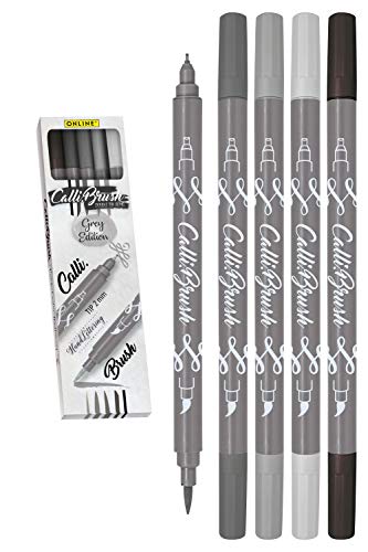 Online Calli.Brush Grey, Juego de 5 pinceles para escritura a mano, juego de caligrafía con punta de caligrafía y punta de pincel para bullet Journaling, acuarelas