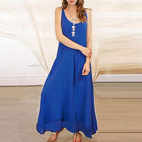 OPAKY Vestido de Mujer Verano Flojo Casual Largo Liso Tunica Manga Larga Moda Mujer Tiras de Algodón de Lino Suelta Bohe Casual Maxi Vestido Largo Retro Oversize Maxi Dress