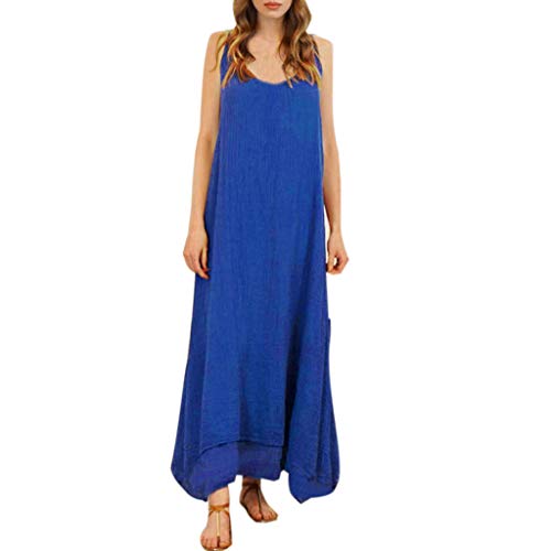 OPAKY Vestido de Mujer Verano Flojo Casual Largo Liso Tunica Manga Larga Moda Mujer Tiras de Algodón de Lino Suelta Bohe Casual Maxi Vestido Largo Retro Oversize Maxi Dress