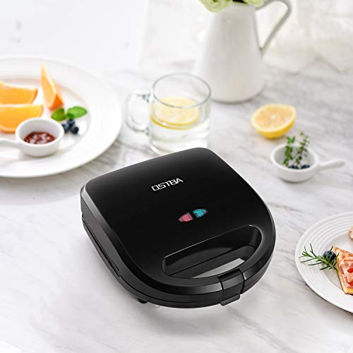 OSTBA Gofrera, Sandwichera 3 en 1, Parrilla para gofrera bocadillos hamburguesa y Panini Grill 3 Extraíble placas, 750 W, Acero Inoxidable, Termostato Ajustable, Negro con Asas de Cool Touch