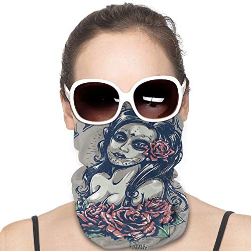 Outdoor Headband Skulls Decorations Collection Day Of Dead Girl With Tattoos On Her Face Roses Lady Witch Woman Timeless Sign Art Grey Black Scarf Neck Gaiter Face Bandana Scarf Head Scarf